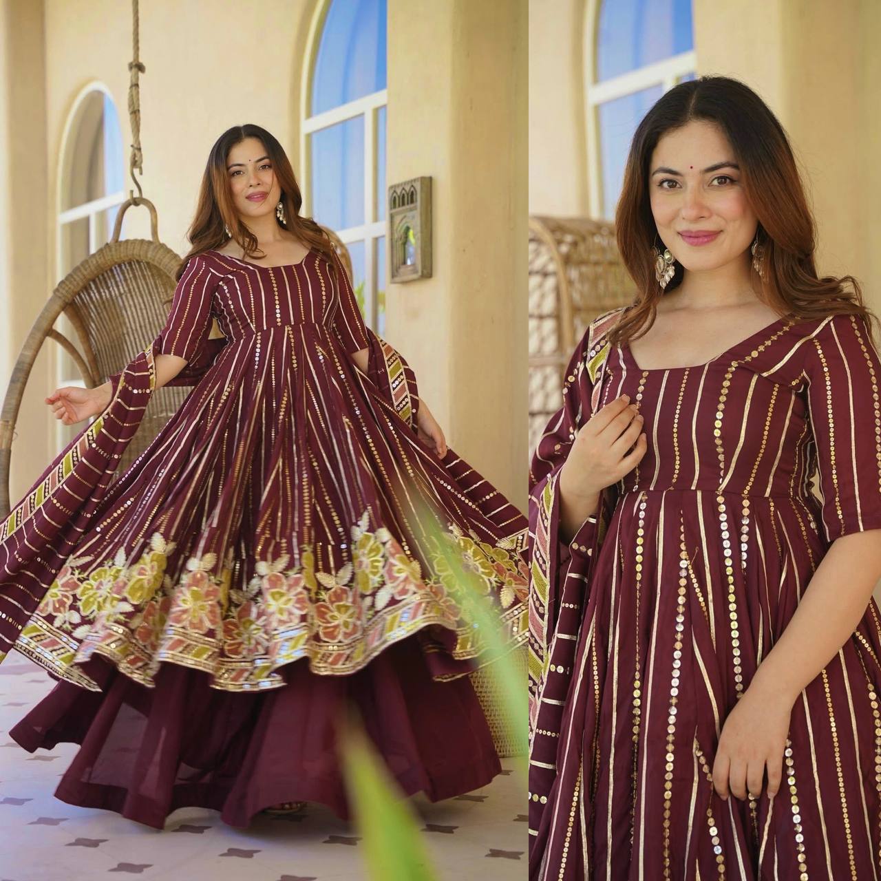 Majestic Maroon Flared Anarkali Suit Set Adorned with Luminous Sequin Stripes and an Ornate Floral Embroidered Hemline